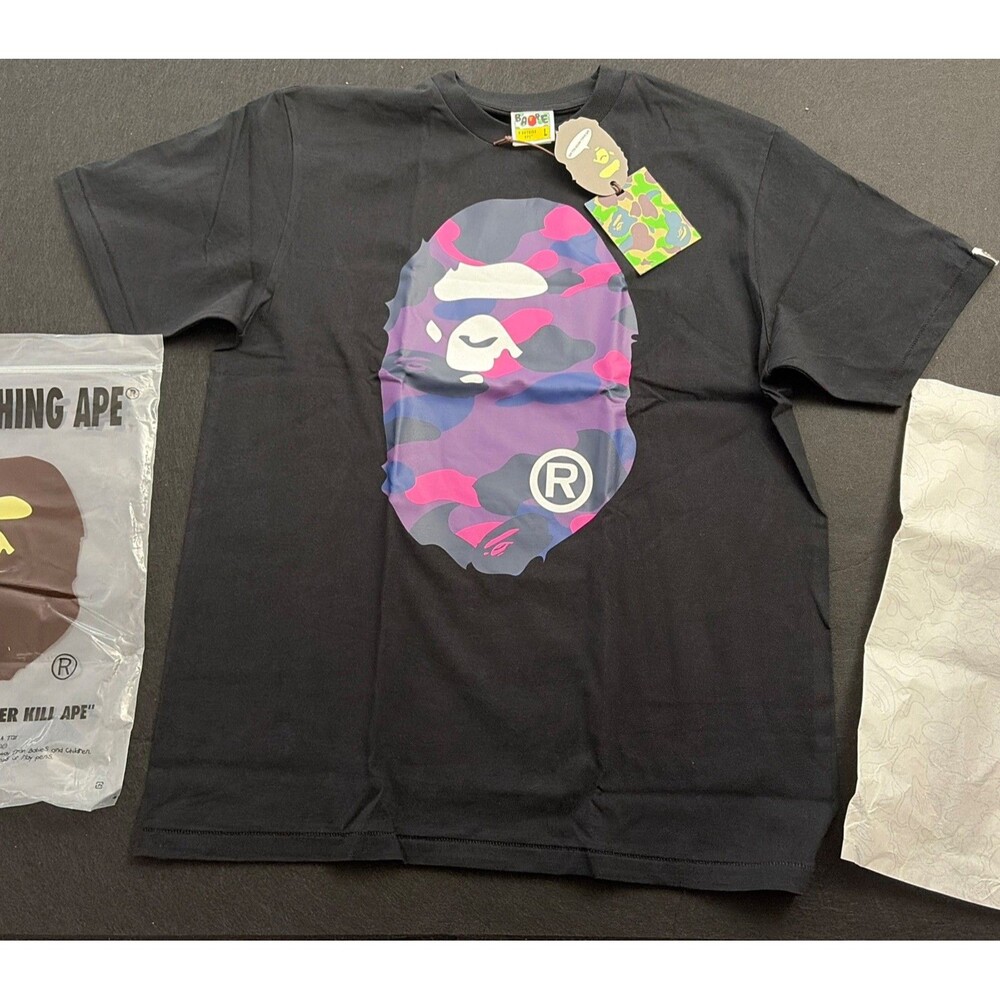 New BAPE Shirt Sz Large w/ Bag & Paper Japan Black Purple Camo Ape Milo Nigo